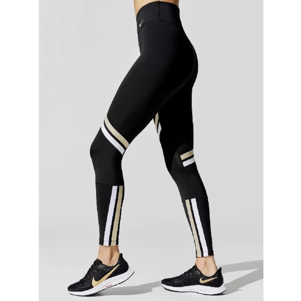 Nike Dri-Fit Women's Black Gold White Icon Striped Training Tights | Size M